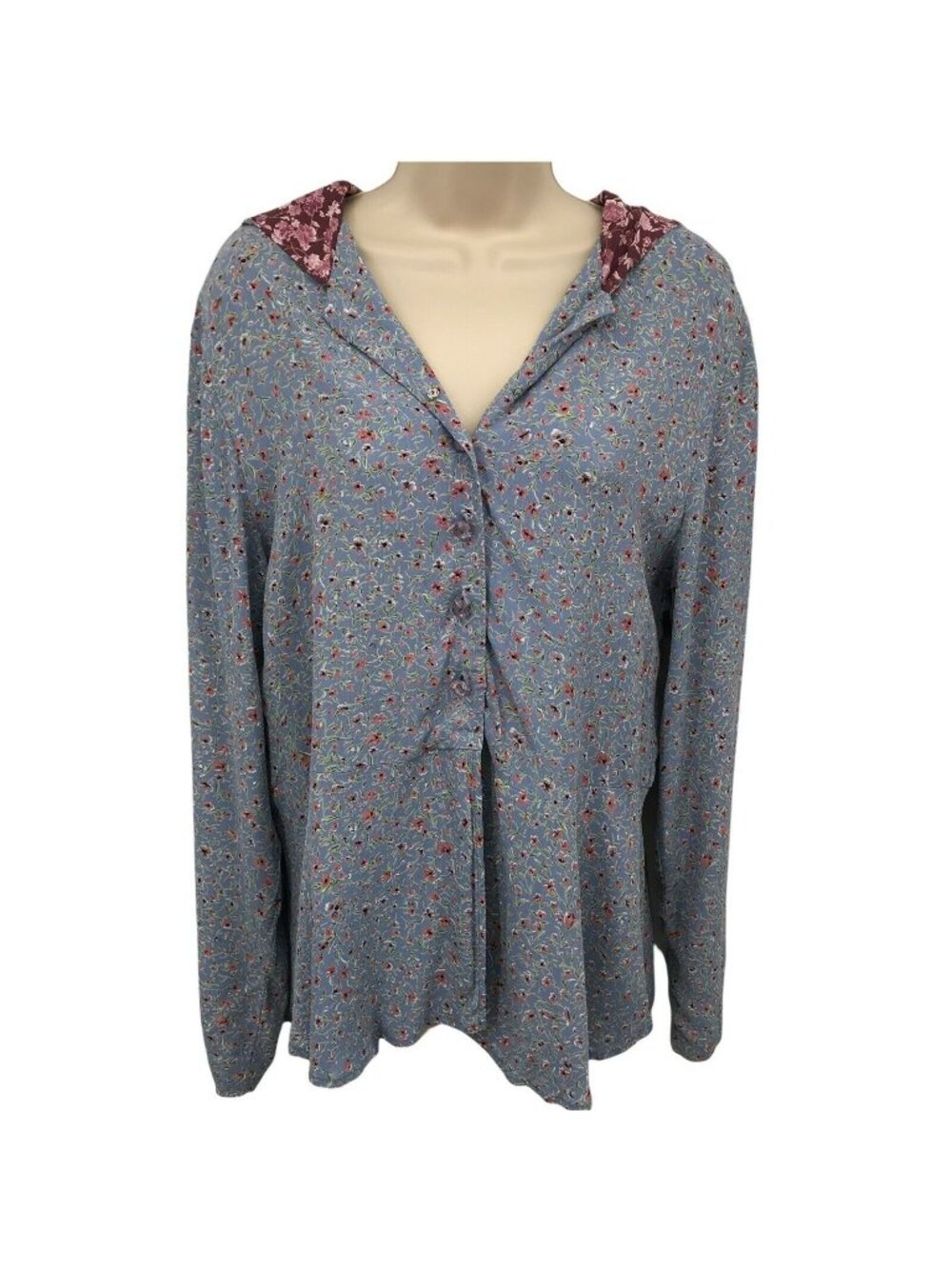 ZOE Womens Floral Button-Up Hoodie Medium Blue & Burgundy Lightweight Top